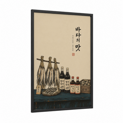 Traditional Korean Fish Market Wall Art framed salt water fish print — black wood frame — beige and black palette