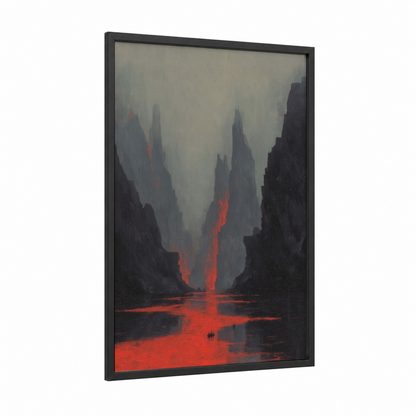 Crimson Chasm framed cliff print — black wood frame — black and red palette