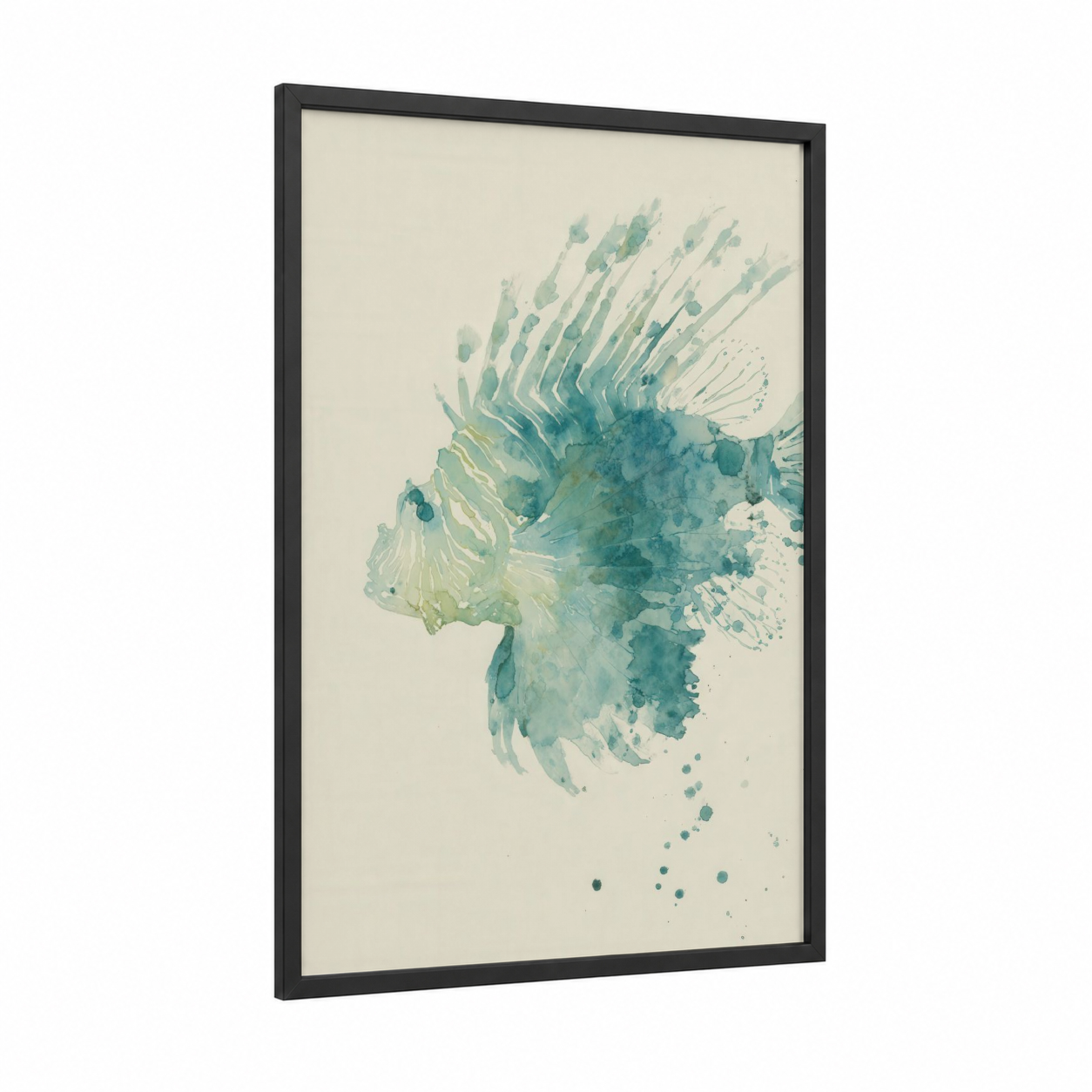 Jade Lionfish framed art print — black wood frame — teal and cream palette