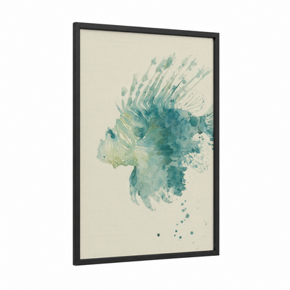 Jade Lionfish framed art print — black wood frame — teal and cream palette