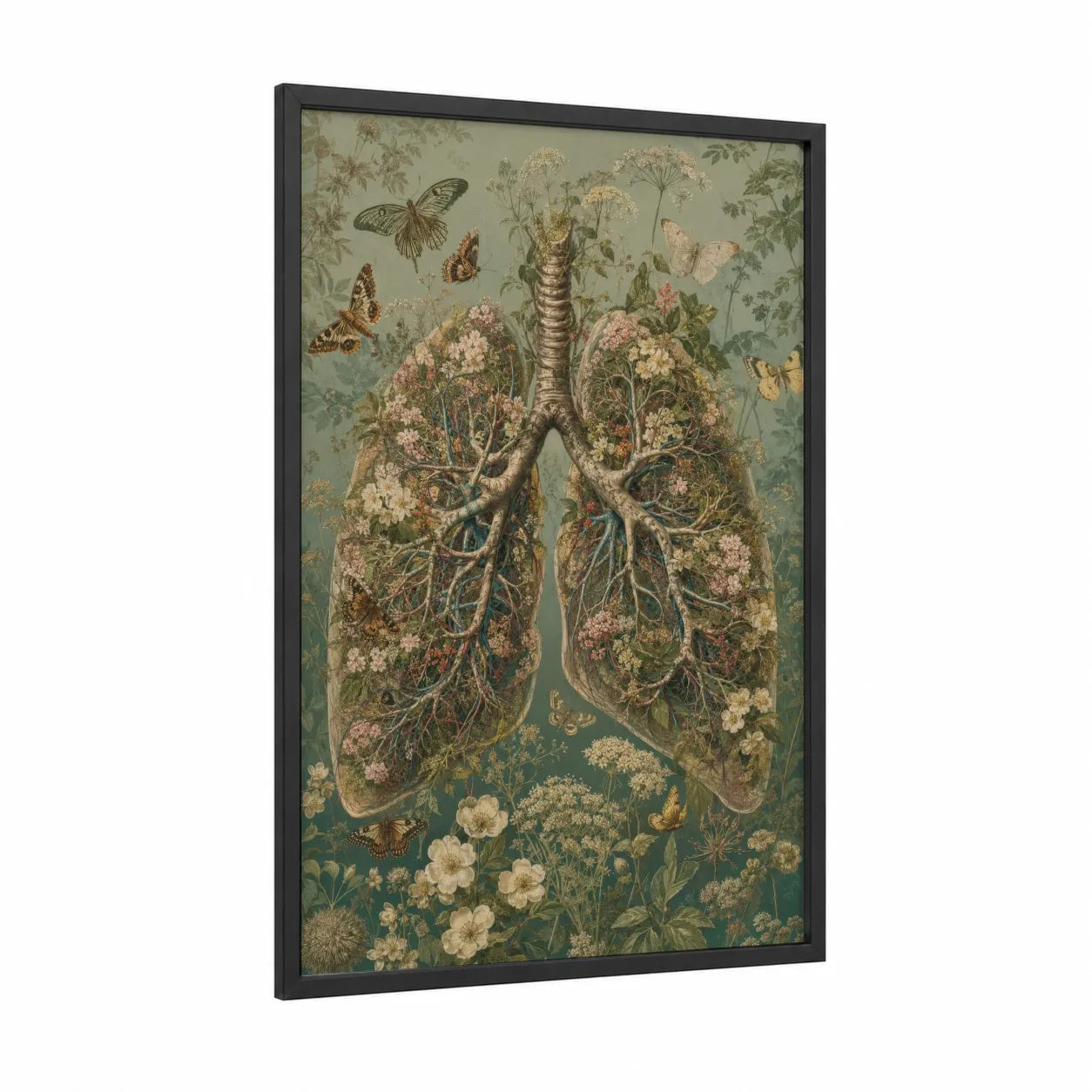 Botanical Lungs Surreal Butterfly Wall Art framed art print — black wood frame — sage green and cream palette