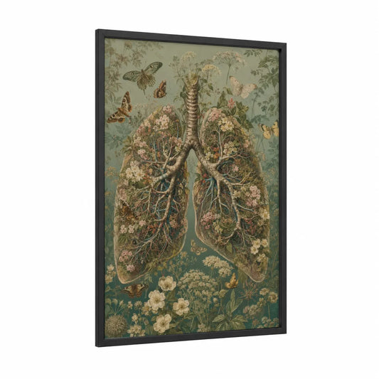 Botanical Lungs Surreal Butterfly Wall Art framed art print — black wood frame — sage green and cream palette