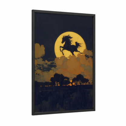 Moonlit Arabian framed arabian horse print — black wood frame — gold and black and blue palette