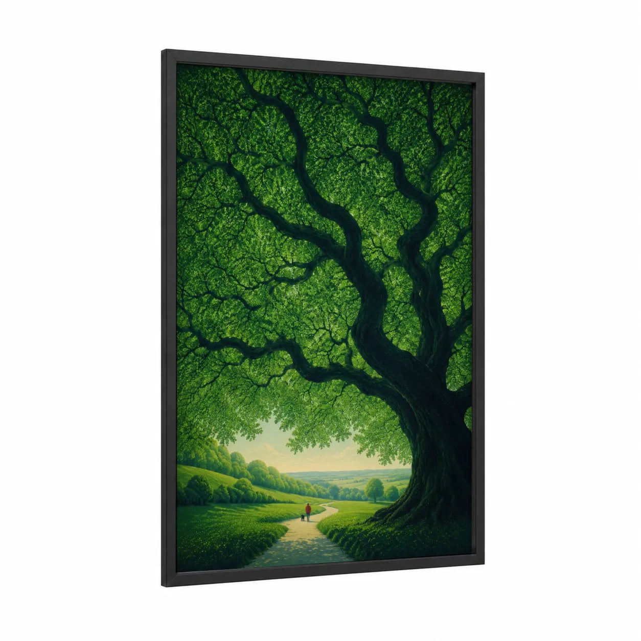 Majestic Green Tree Landscape Wall Art framed art print — black wood frame — true green and lime green palette