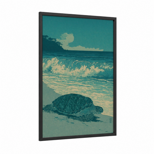 Shoreline Turtle framed art print — black wood frame — teal and cream palette