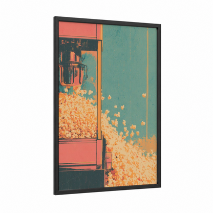 Popcorn Carnival framed art print — black wood frame — pumpkin and teal palette