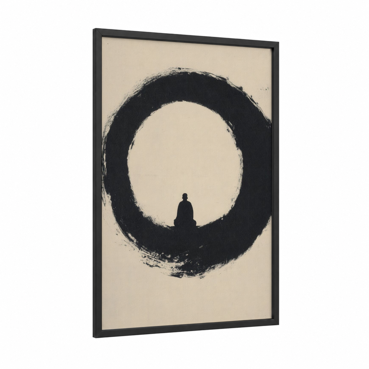 Zen Meditation framed buddhism print — black wood frame — black and white and cream palette