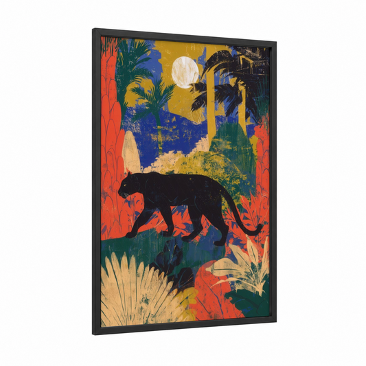 Moonlit Panther framed art print — black wood frame — gold and blue palette
