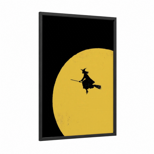 Witch Halloween Moon framed art print — black wood frame — black and yellow and yellow gold palette