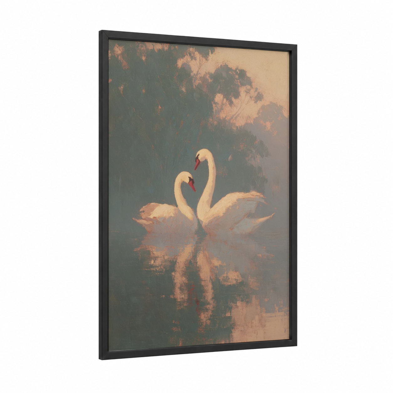 Graceful Swan Pair framed animals in love print — black wood frame — cream and dove gray palette