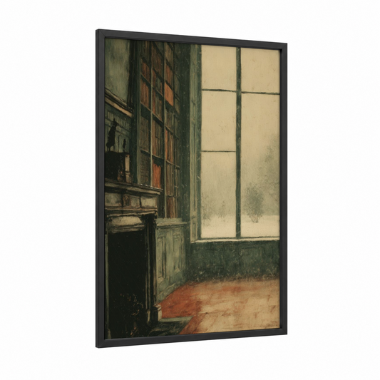 Snowy Window View framed winter print — black wood frame — cream and dove gray palette