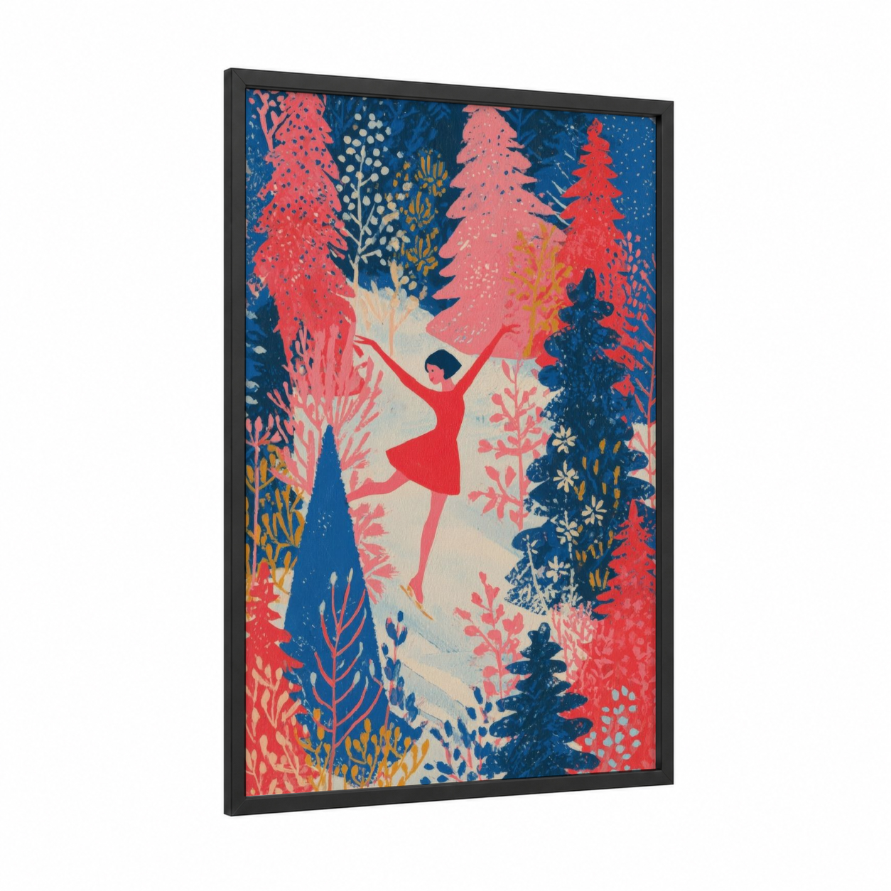 Winter Forest Skater framed ice skating print — black wood frame — red and blue palette