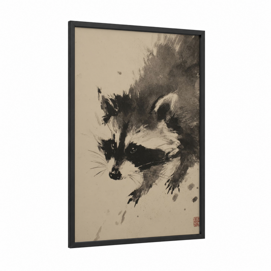Curious Raccoon framed art print — black wood frame — black and white and beige palette