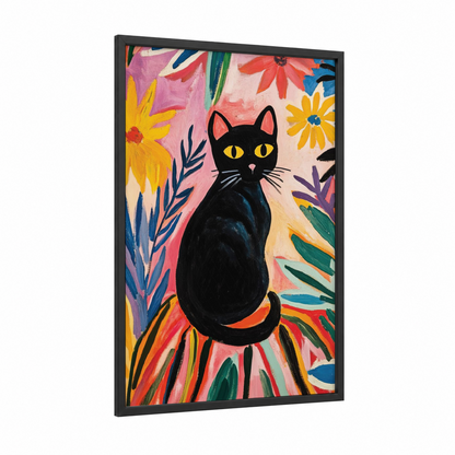Mystical Garden Cat framed art print — black wood frame — magenta and yellow gold palette