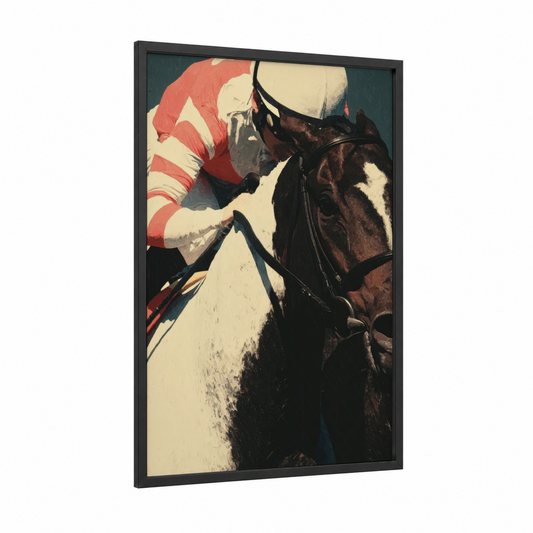 Crimson Jockey framed horse racing print — black wood frame — red and black and white palette