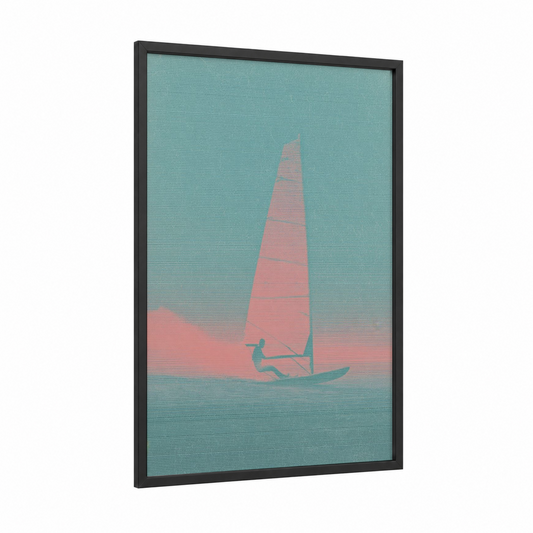 Sunset Windsurfer framed windsurfing print — black wood frame — turquoise and salmon pink palette