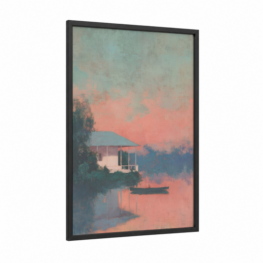 Lakeside Cottage framed art print — black wood frame — salmon pink and blue palette