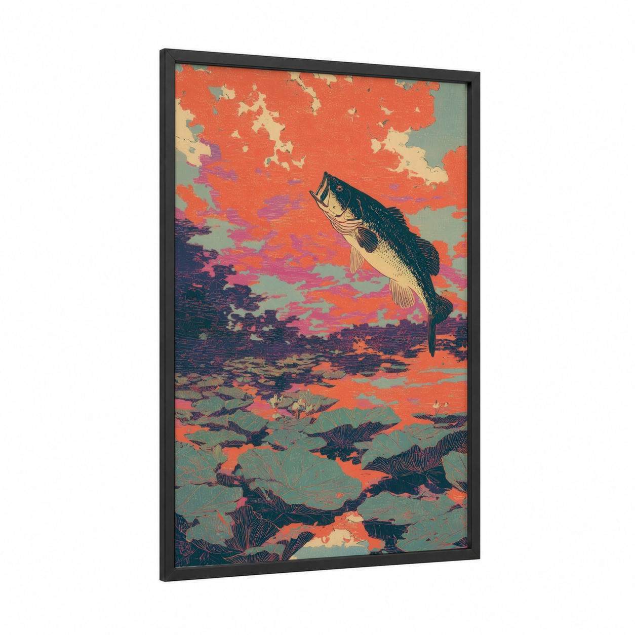 Leaping Bass Sunset framed art print — black wood frame — pumpkin and teal palette