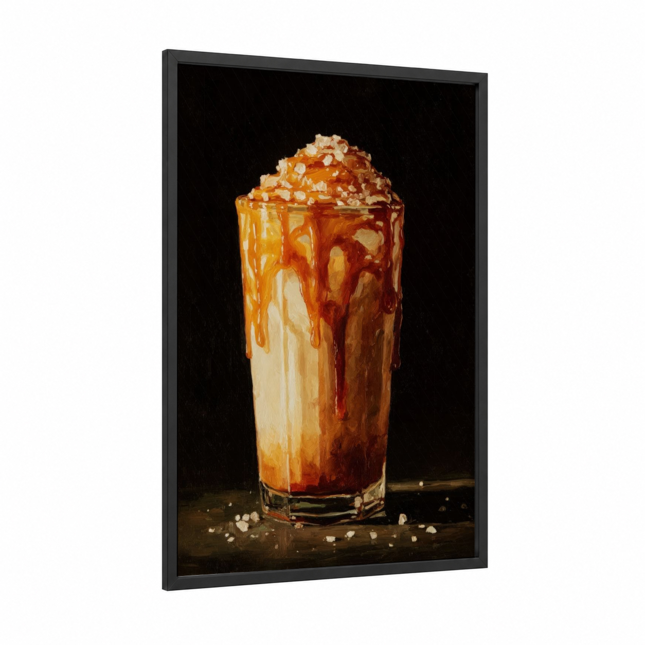 Caramel Iced Latte framed milkshake print — black wood frame — gold and black and white palette
