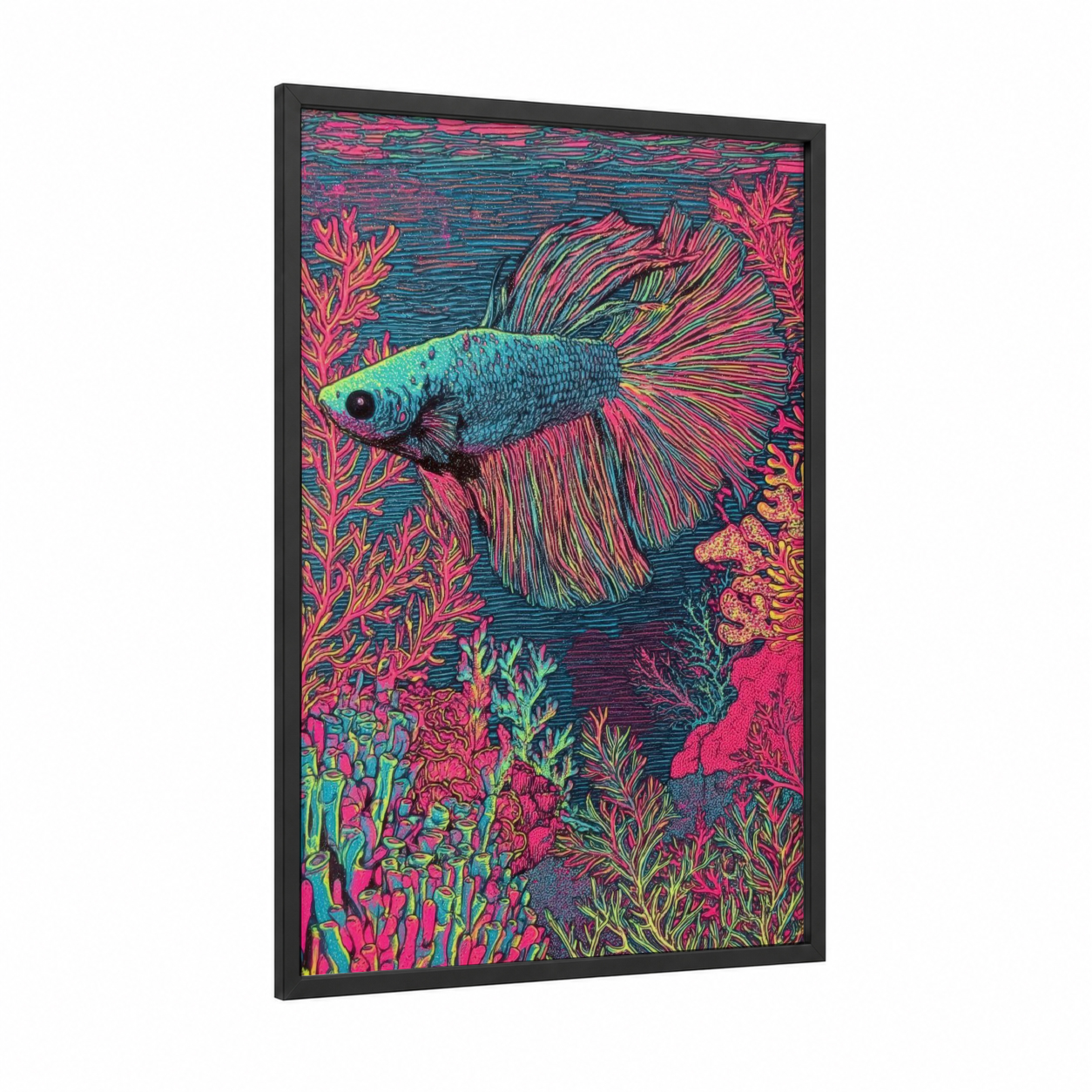 Neon Betta Fish framed fighting fish print — black wood frame — magenta and turquoise palette
