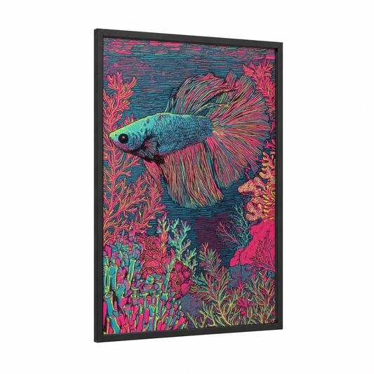 Neon Betta Fish framed fighting fish print — black wood frame — magenta and turquoise palette