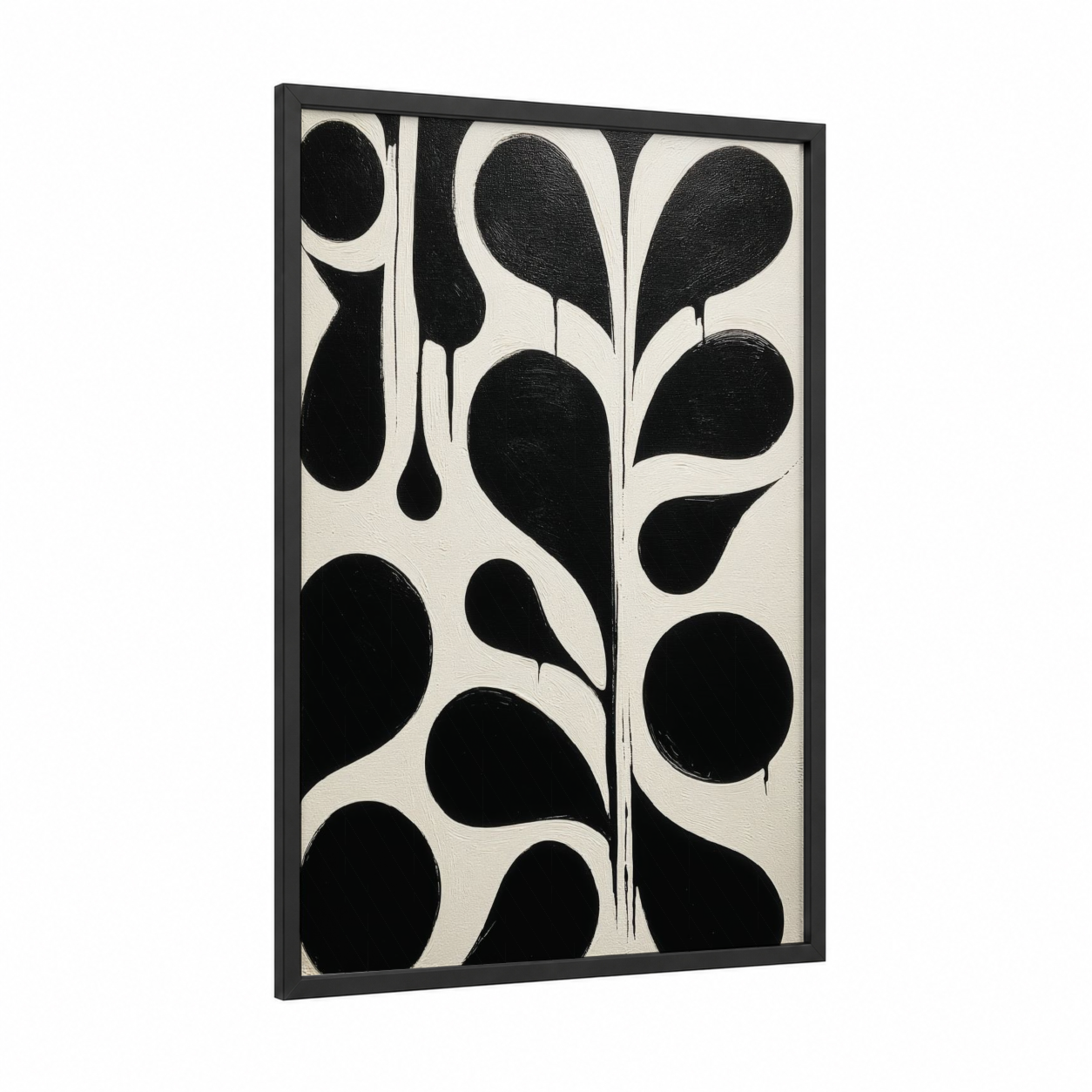 Monochrome Leaf Study framed abstract minimalist print — black wood frame — black and white palette