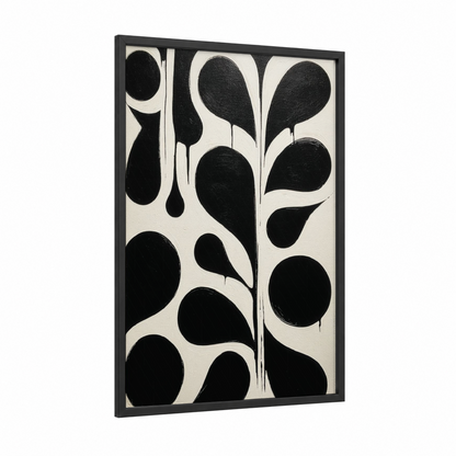 Monochrome Leaf Study framed abstract minimalist print — black wood frame — black and white palette