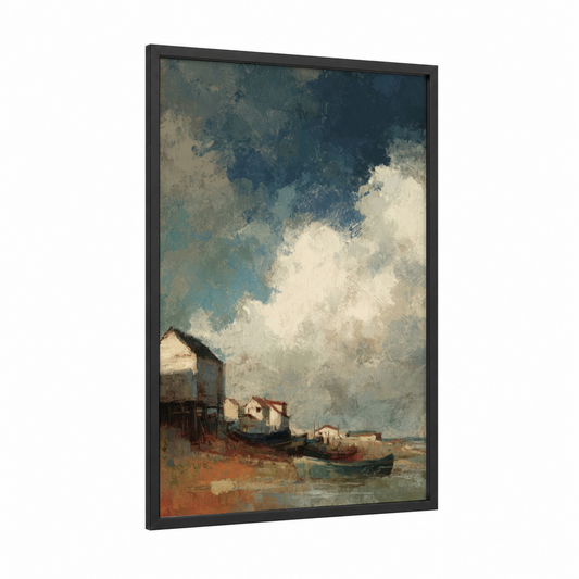 Coastal Village Anchorage framed art print — black wood frame — gray and white and russet palette