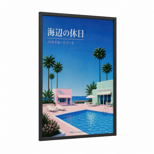 Retro Beach Resort Wall Art framed palm tree print — black wood frame — blue and pink palette
