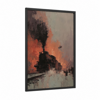 Industrial Steam Train framed art print — black wood frame — red and black palette