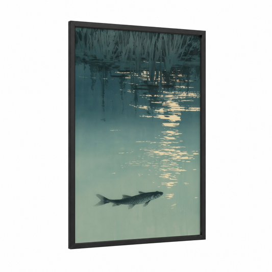 Solitary Zebrafish framed art print — black wood frame — teal and gold palette