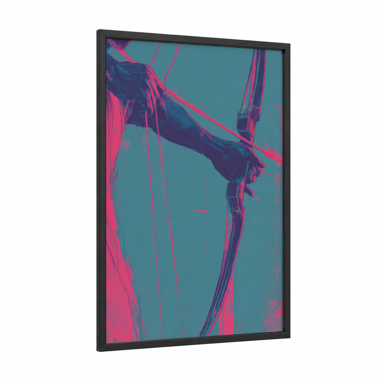 Neon Archer framed archery print — black wood frame — magenta and teal palette