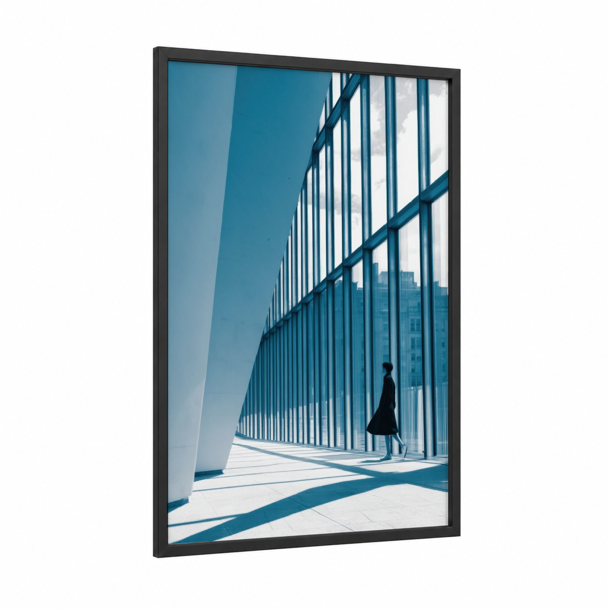 Urban Solitude framed abstract architecture print — black wood frame — blue and white palette