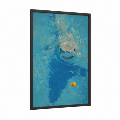 Curious Bull Shark framed art print — black wood frame — blue and cream palette