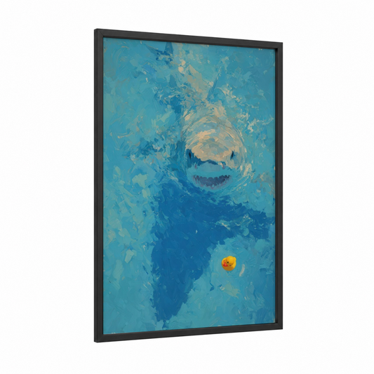 Curious Bull Shark framed art print — black wood frame — blue and cream palette