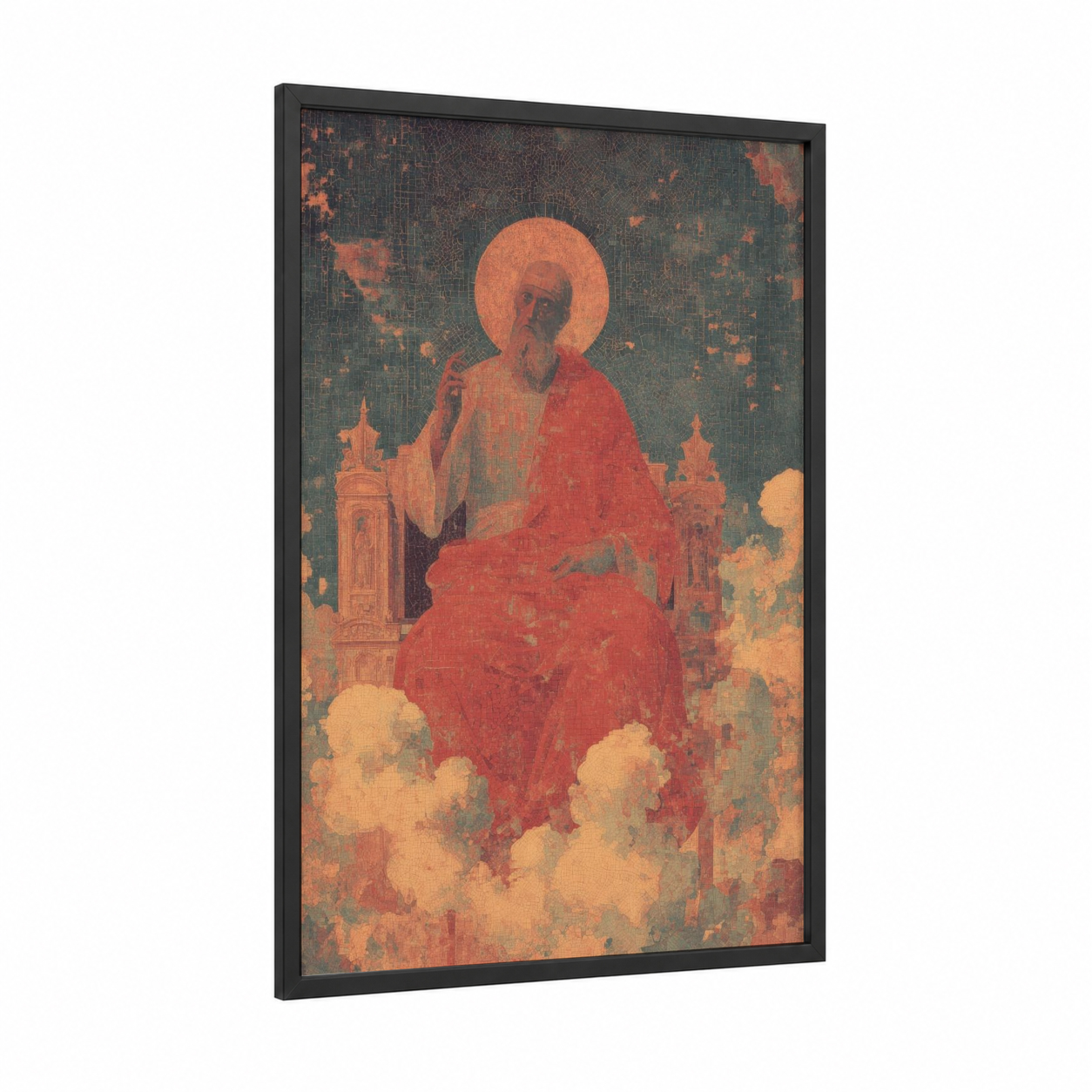 Crimson Saint Peter framed st. peter print — black wood frame — red and gold palette