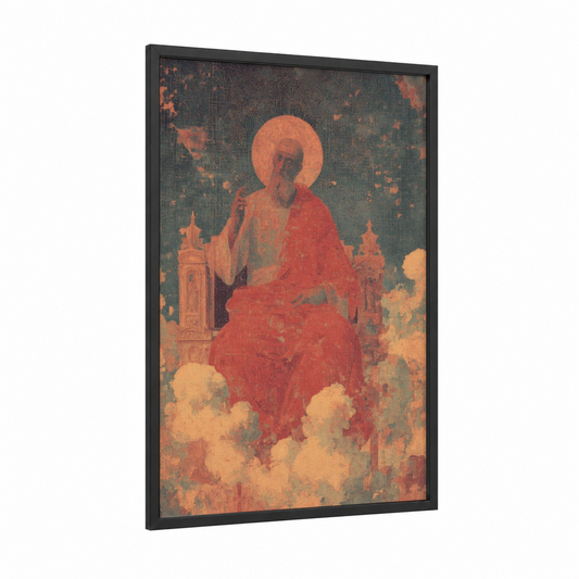 Crimson Saint Peter framed st. peter print — black wood frame — red and gold palette