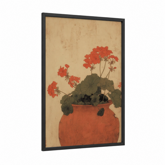 Potted Geranium framed pottery print — black wood frame — red and olive palette