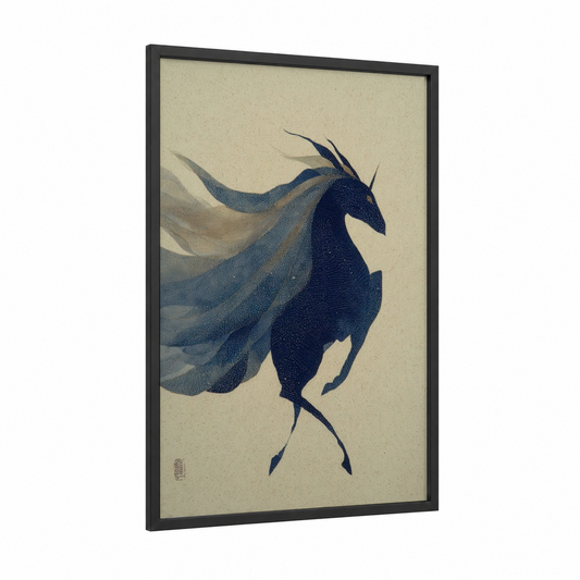 Ethereal Unicorn framed unicorns print — black wood frame — blue and cream palette
