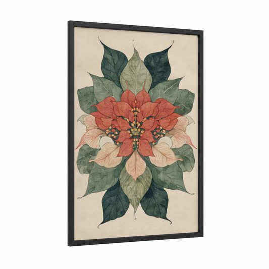 Crimson Poinsettia Mandala framed poinsettias print — black wood frame — red and sage green palette