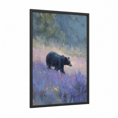 Twilight Sloth Bear framed art print — black wood frame — lavender and blue palette