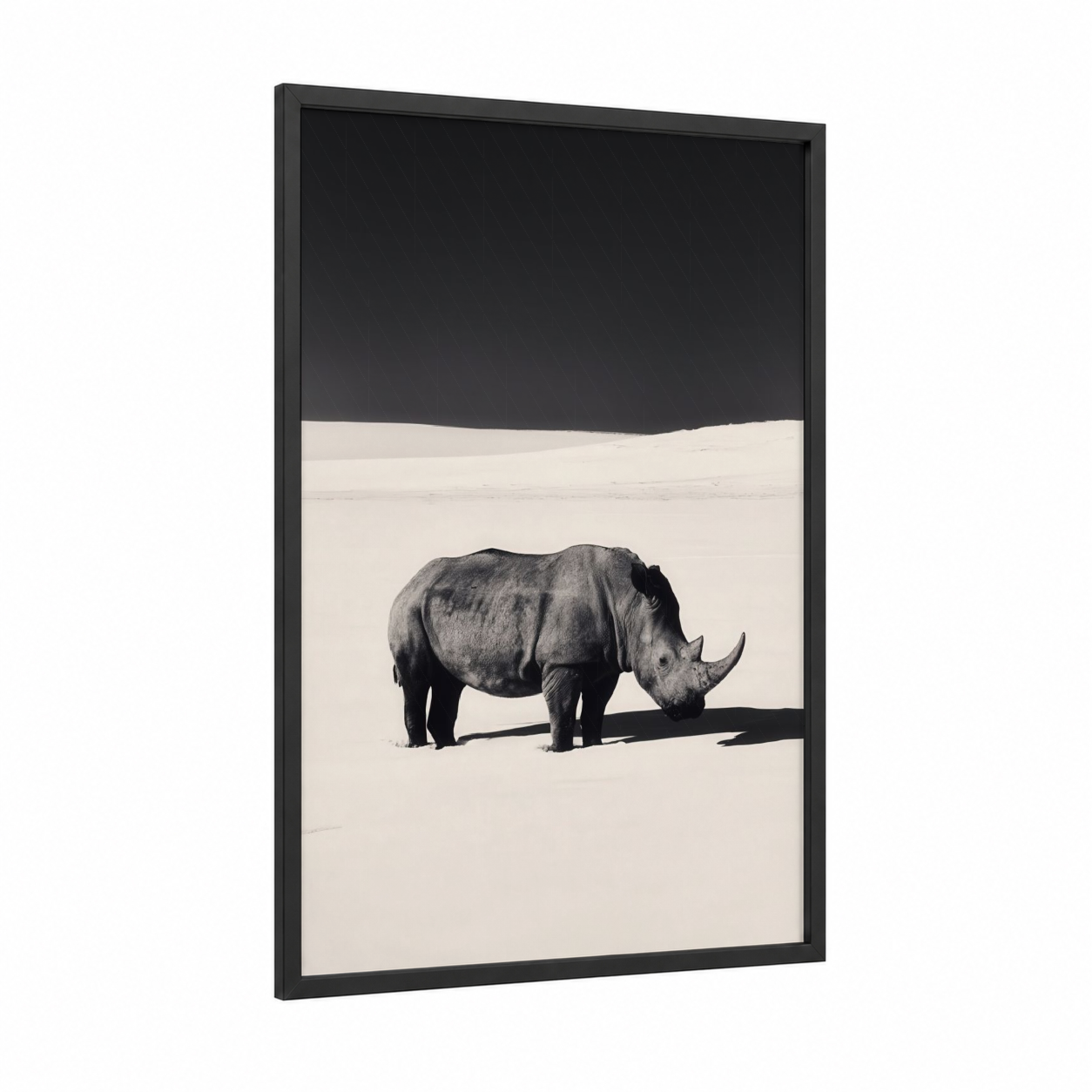 Desert Rhino framed art print — black wood frame — black and white and cream palette