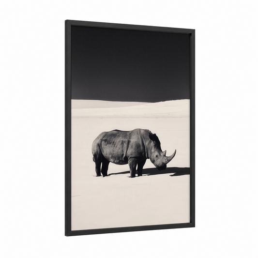 Desert Rhino framed art print — black wood frame — black and white and cream palette