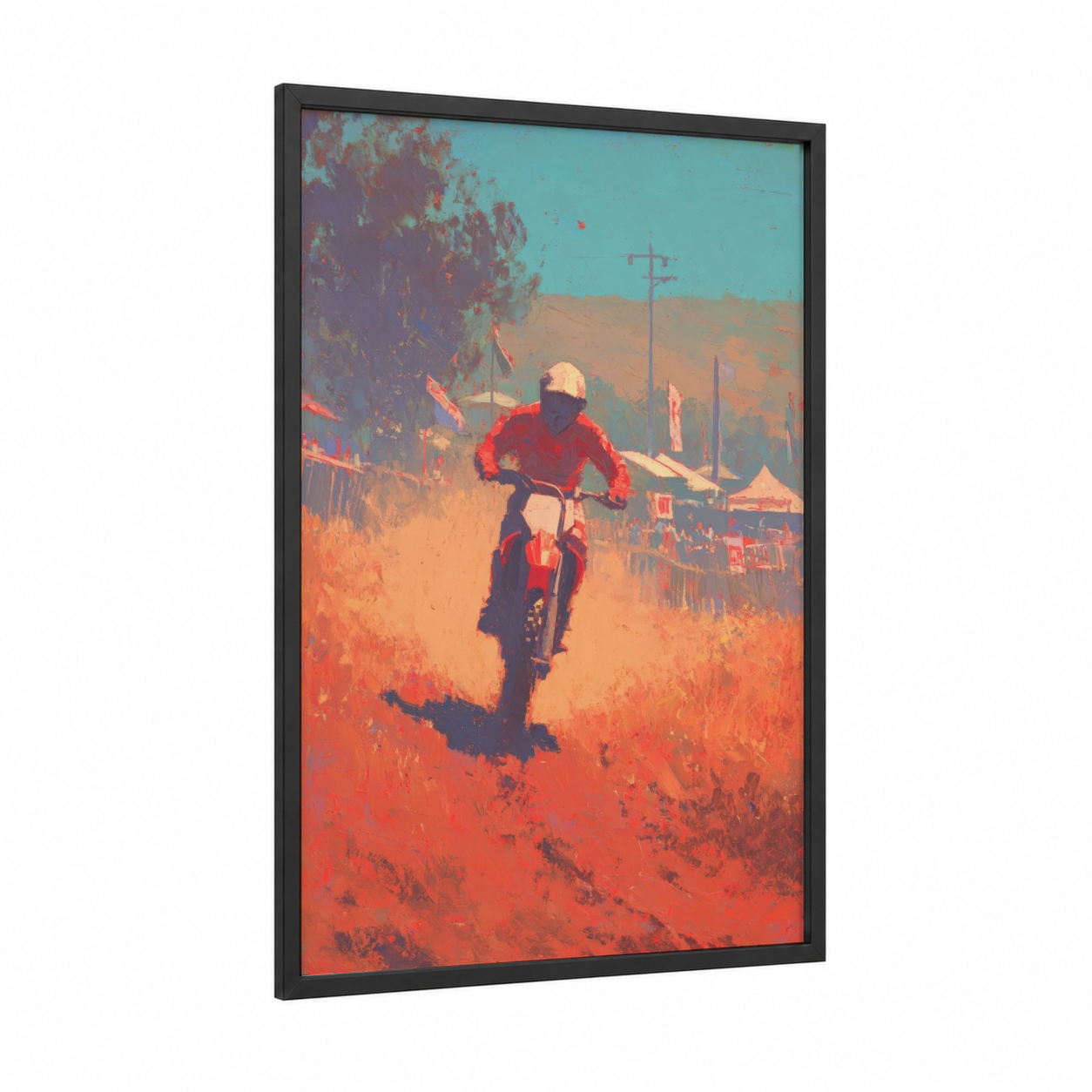 Desert Motocross framed art print — black wood frame — orange and turquoise palette