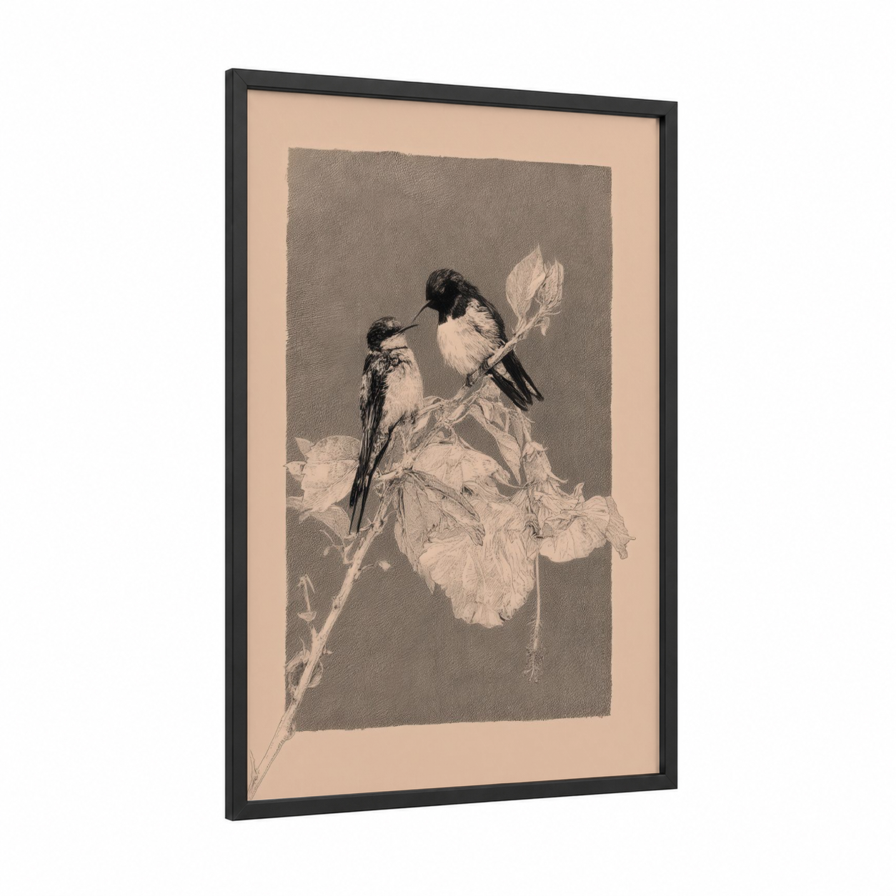 Delicate Hummingbirds framed art print — black wood frame — beige and gray palette