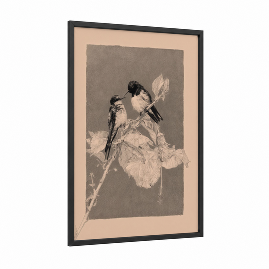 Delicate Hummingbirds framed art print — black wood frame — beige and gray palette