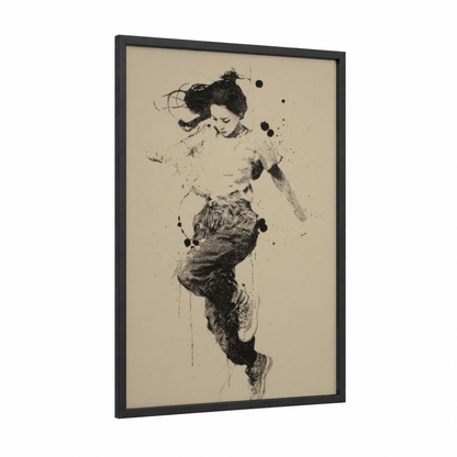 Dynamic Zumba Dancer framed art print — black wood frame — black and white palette