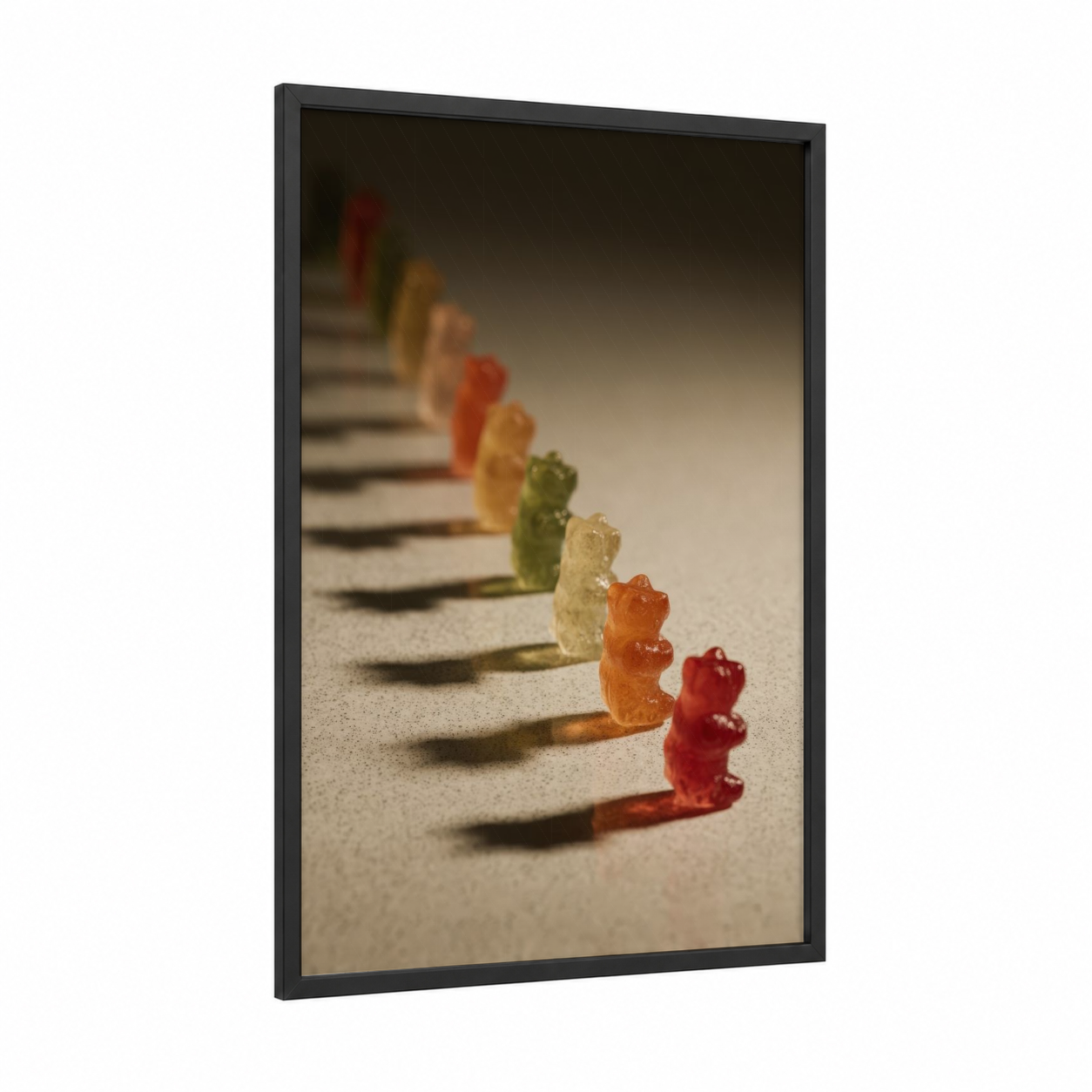 Gummy Bear Lineup framed sweet print — black wood frame — red and gold palette