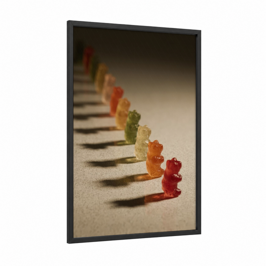 Gummy Bear Lineup framed sweet print — black wood frame — red and gold palette