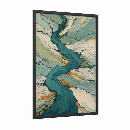 Teal Mountain River framed himalayas print — black wood frame — teal and cream palette